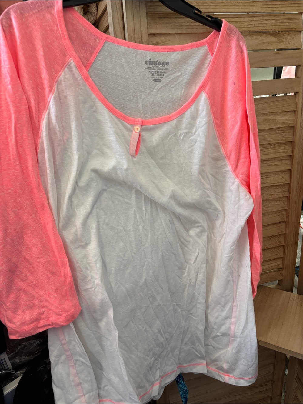 Vintage White and Neon Pink Raglan Long Sleeve Top XXL